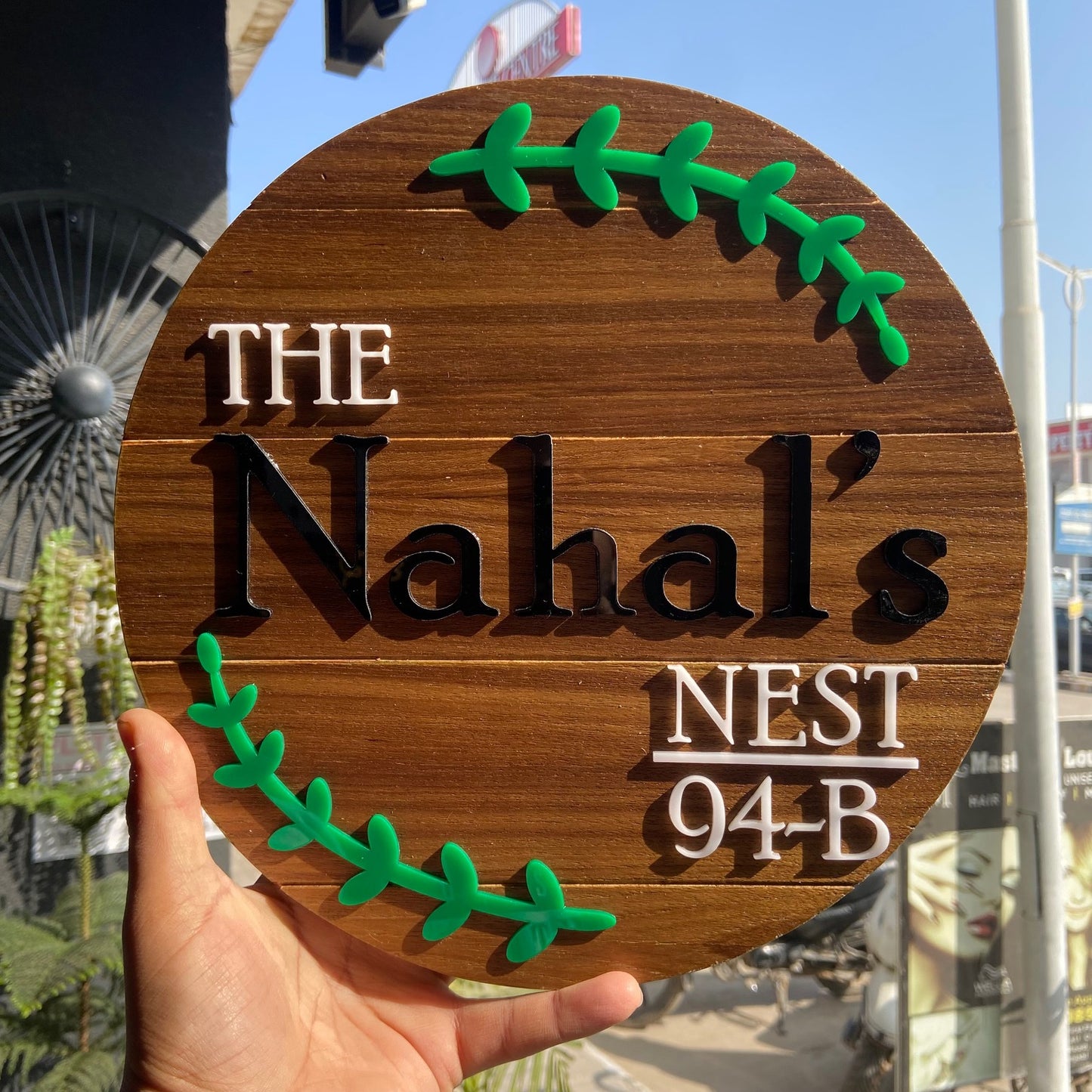 Leafy Round Wooden Nameplate