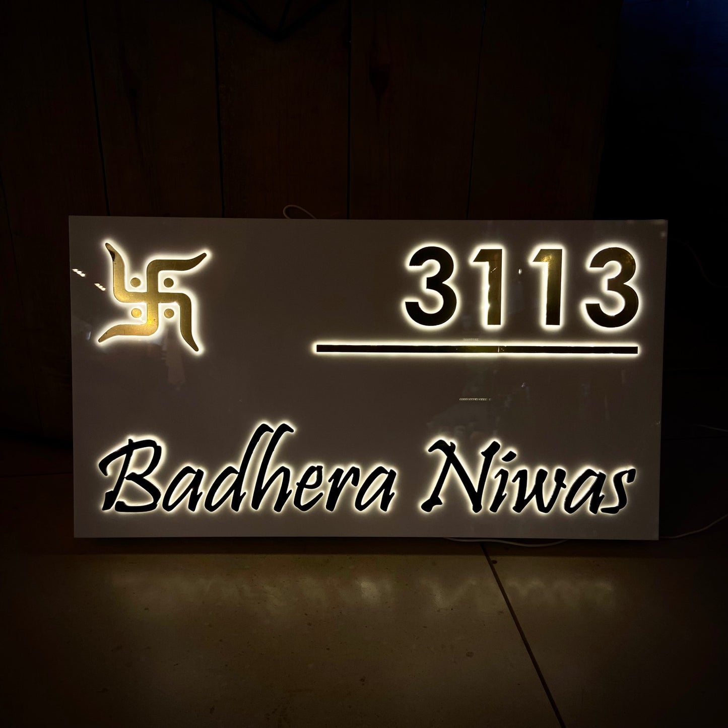 Golden Swastik White LED Lighted House Nameplate